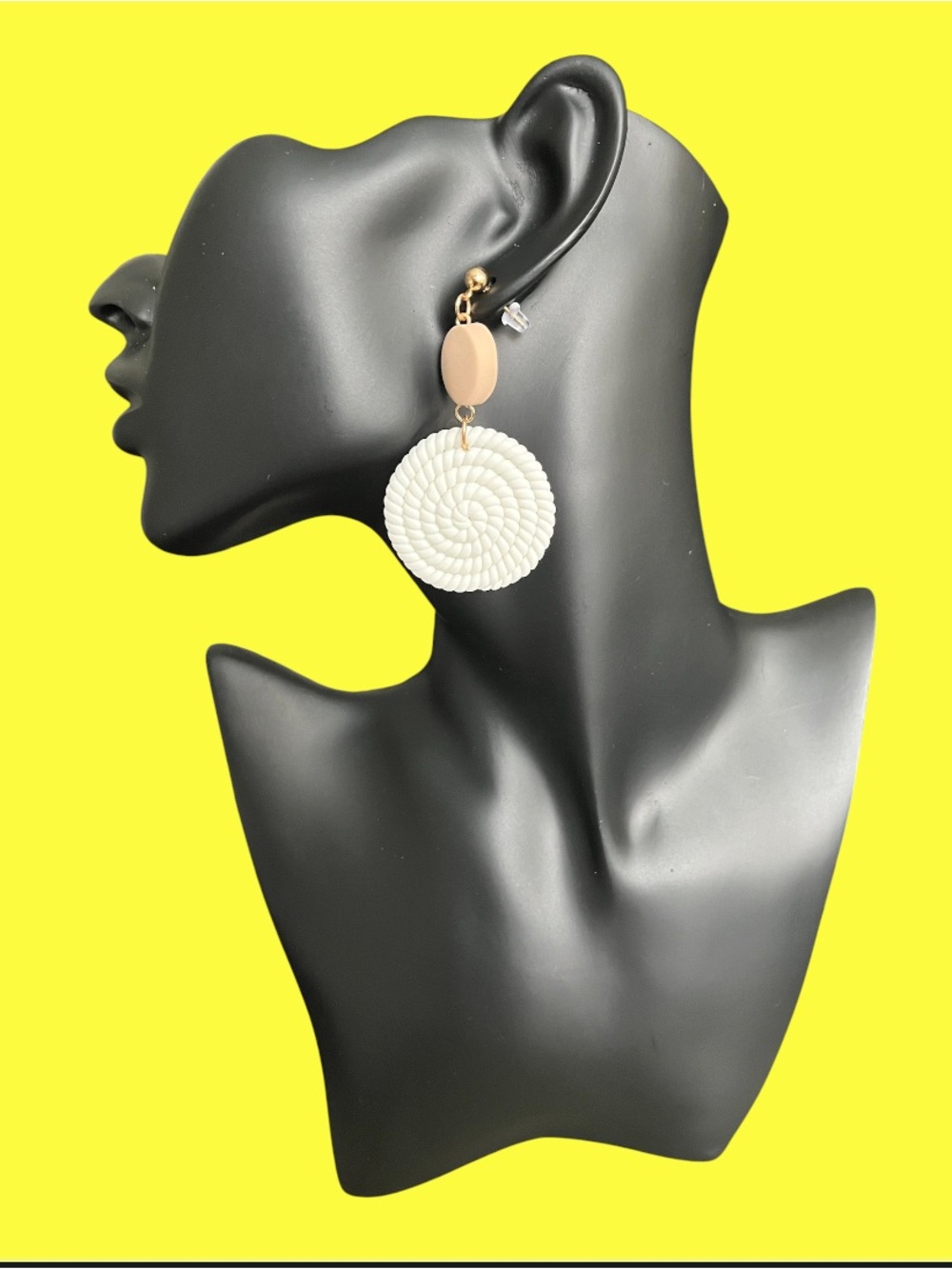 White Spiral Disc Dangle Drop Earrings With Gold Tone Round Stud